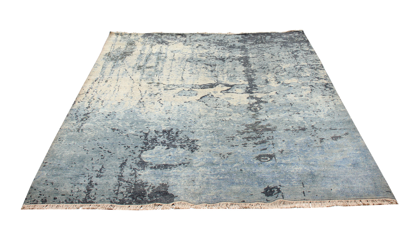 Modern Abstract Blue, Beige and Charcoal Hand Knotted 8x10 Wool Area Rug