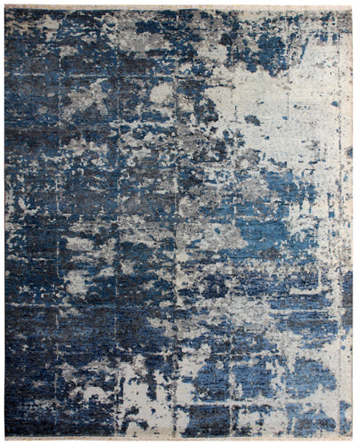 Wool Hand Knotted Rug 8x10 - Navy Blue Beige Modern Abstract Distressed 40 Knots Bhadohi Rugs