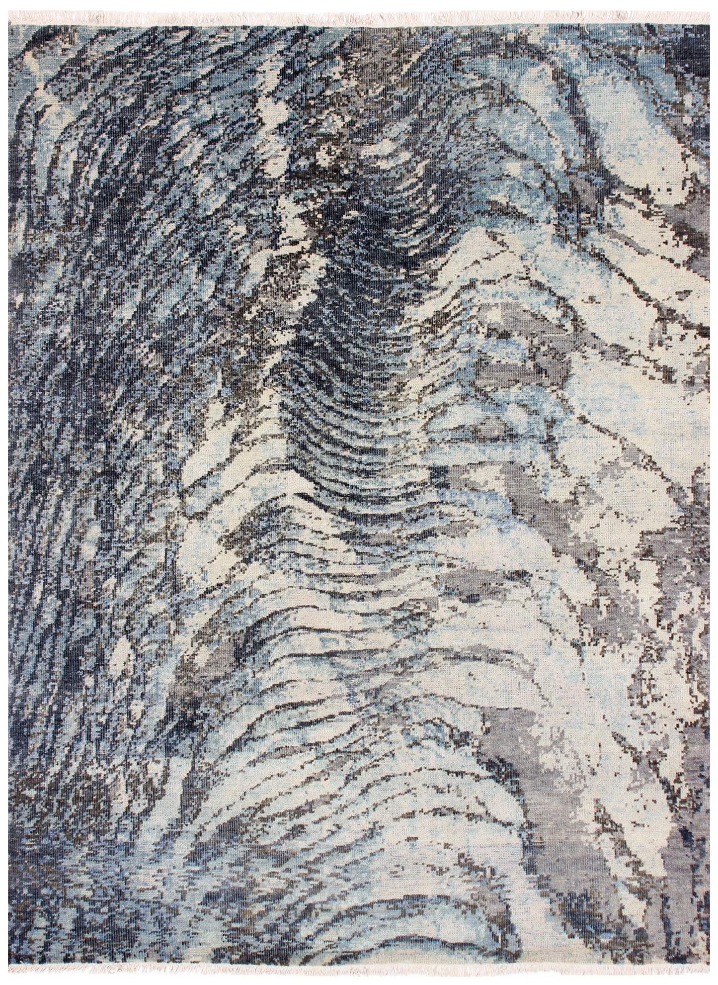 Sea Waves Flowing Modern Abstract Design Blue, Beige, Charcoal and Gray 7.6x10 Wool Area Rug