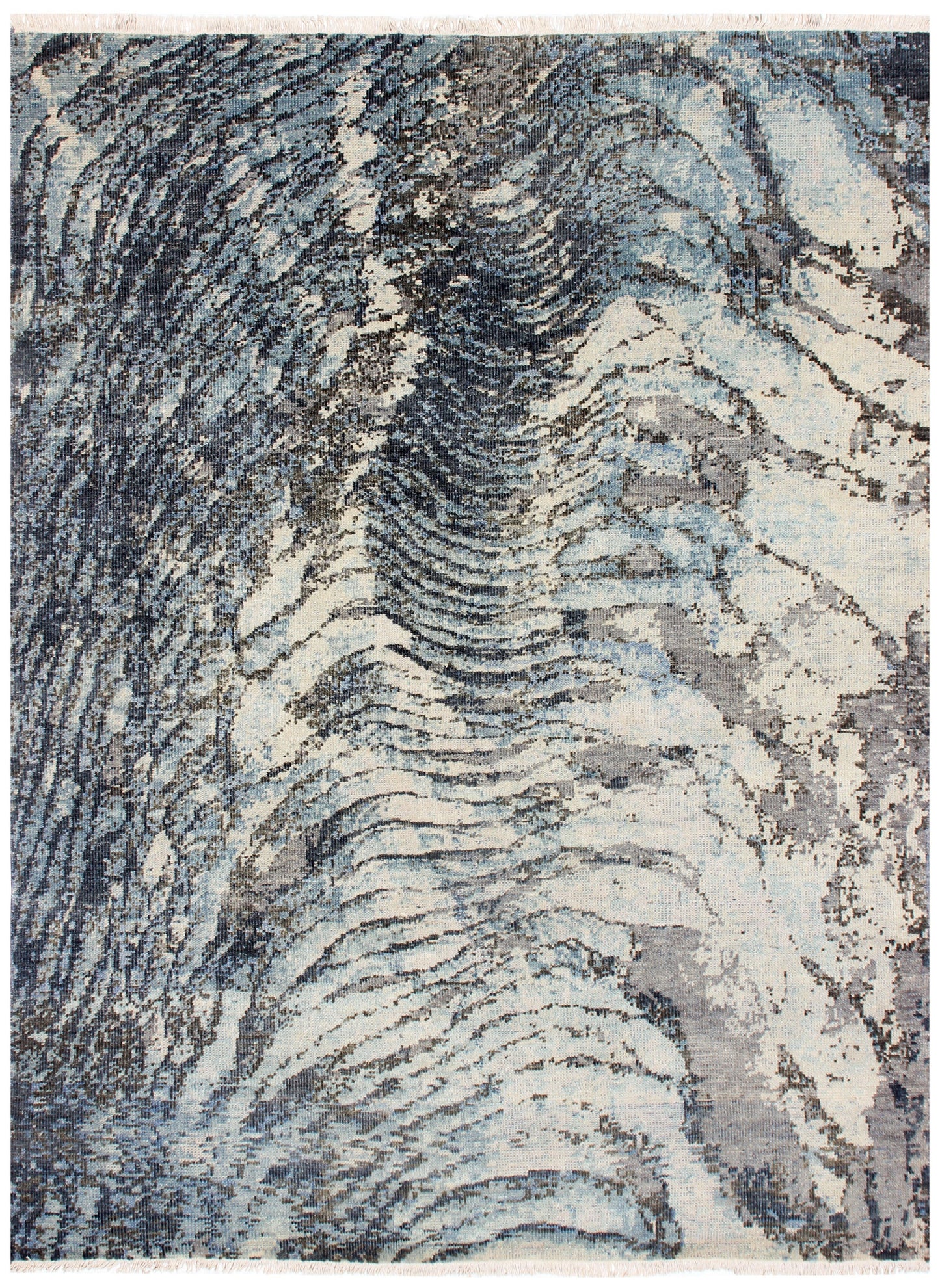 Sea Waves Flowing Modern Abstract Design Blue, Beige, Charcoal and Gray 7.6x10 Wool Area Rug.