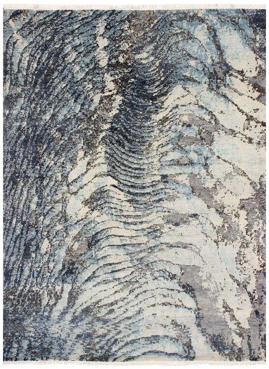 Sea Waves Flowing Modern Abstract Design Blue, Beige, Charcoal and Gray 7.6x10 Wool Area Rug.