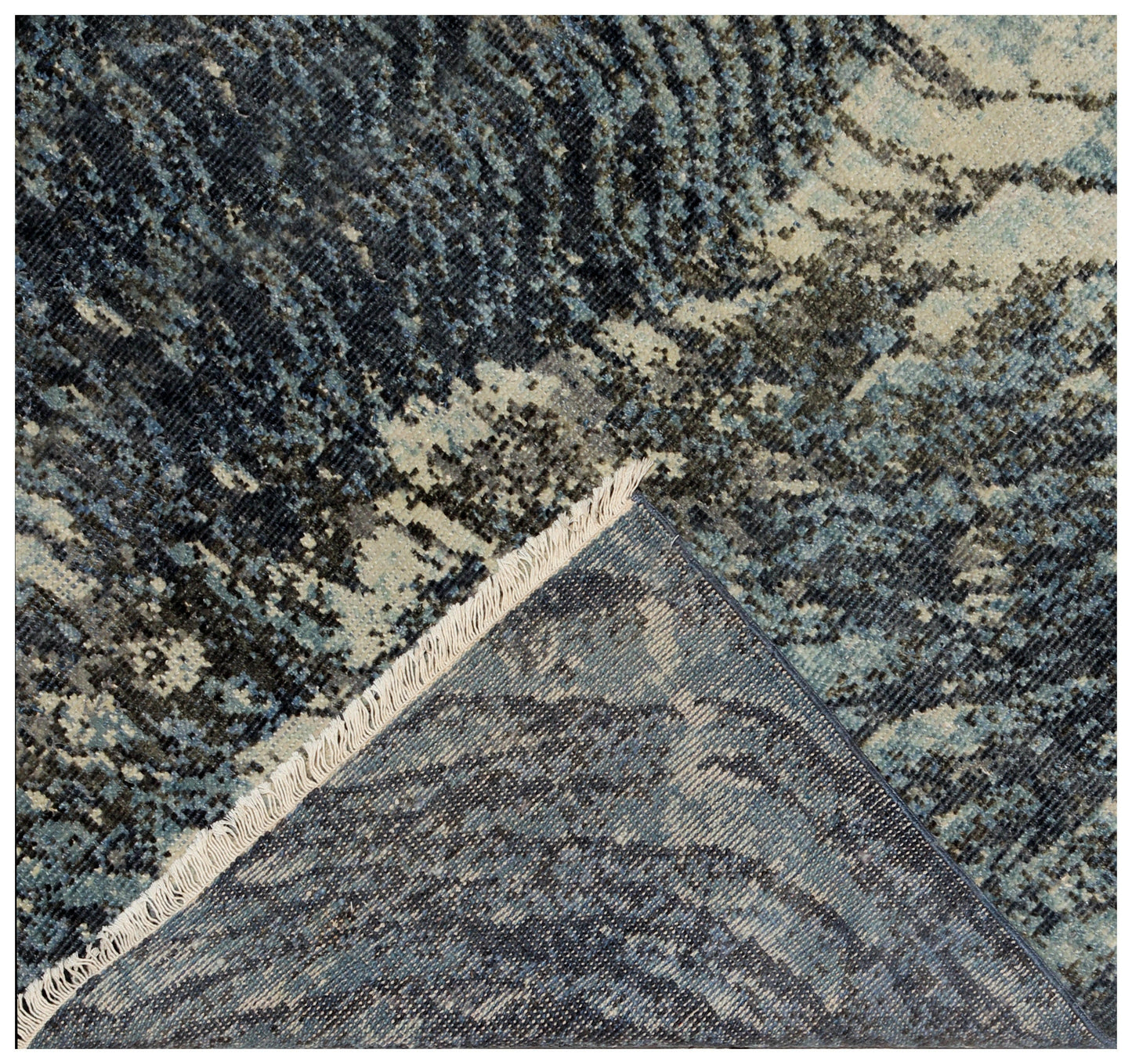 Sea Waves Flowing Modern Abstract Design Blue, Beige, Charcoal and Gray 7.6x10 Wool Area Rug.