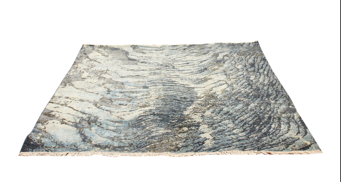 Sea Waves Flowing Modern Abstract Design Blue, Beige, Charcoal and Gray 7.6x10 Wool Area Rug