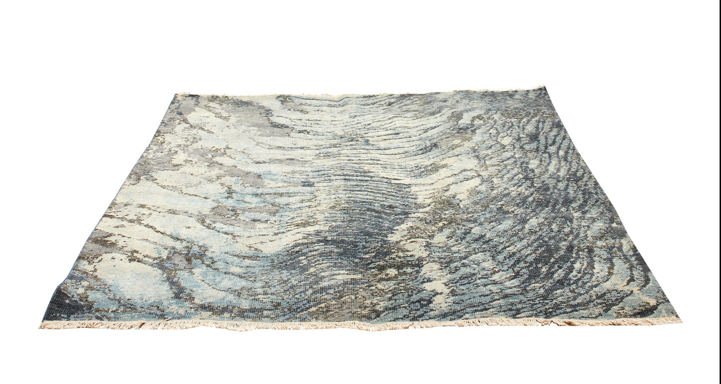 Sea Waves Flowing Modern Abstract Design Blue, Beige, Charcoal and Gray 7.6x10 Wool Area Rug.