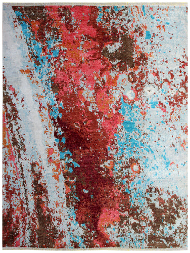 Contemporary Hand Knotted Wool Rug 8x10 - Red Pink Blue Modern Abstract 40 Knots Bhadohi Rugs