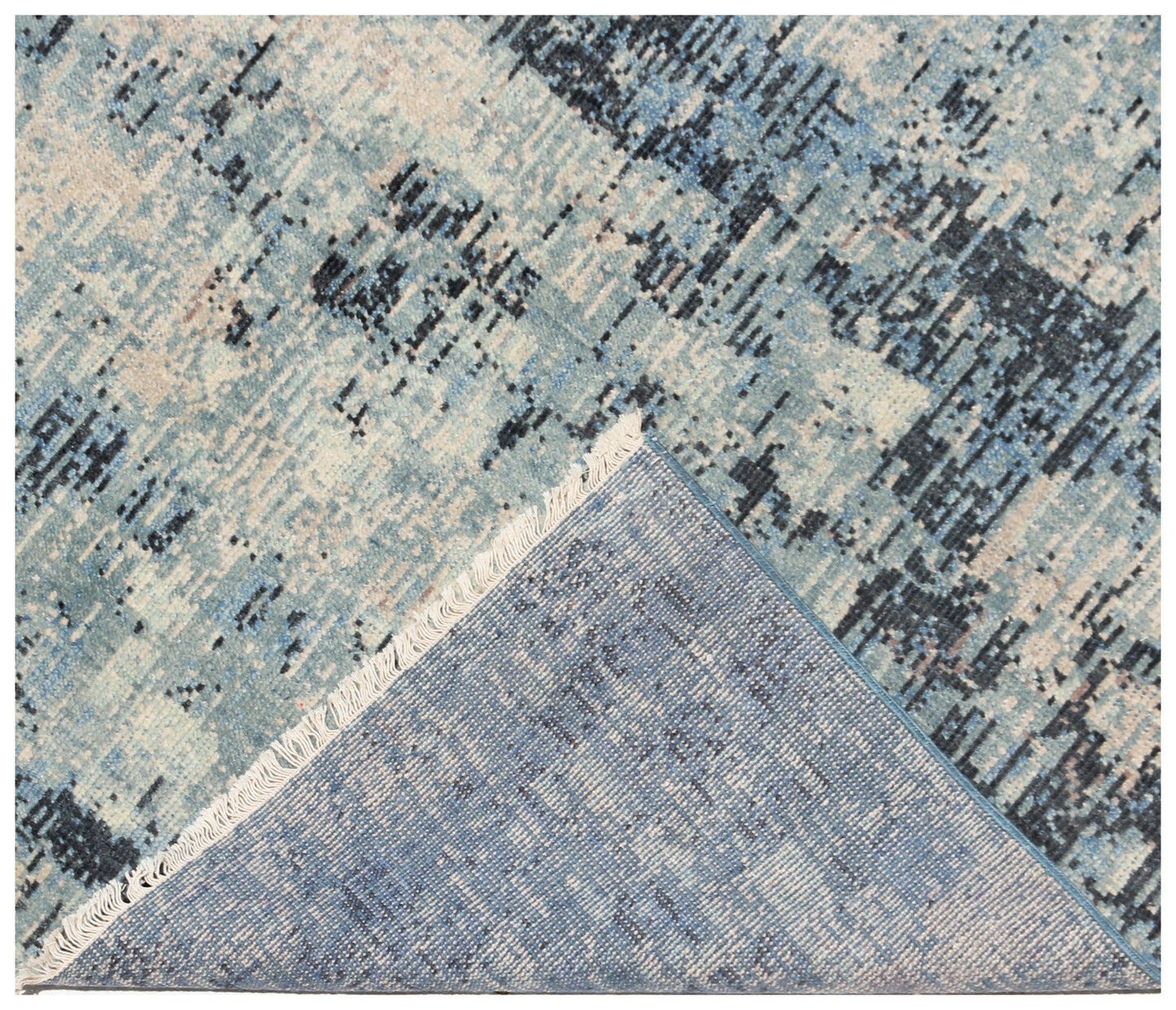 8x9.6 Modern Abstract Blue, Charcoal, Peach & Beige Hand Knotted Wool Rug.
