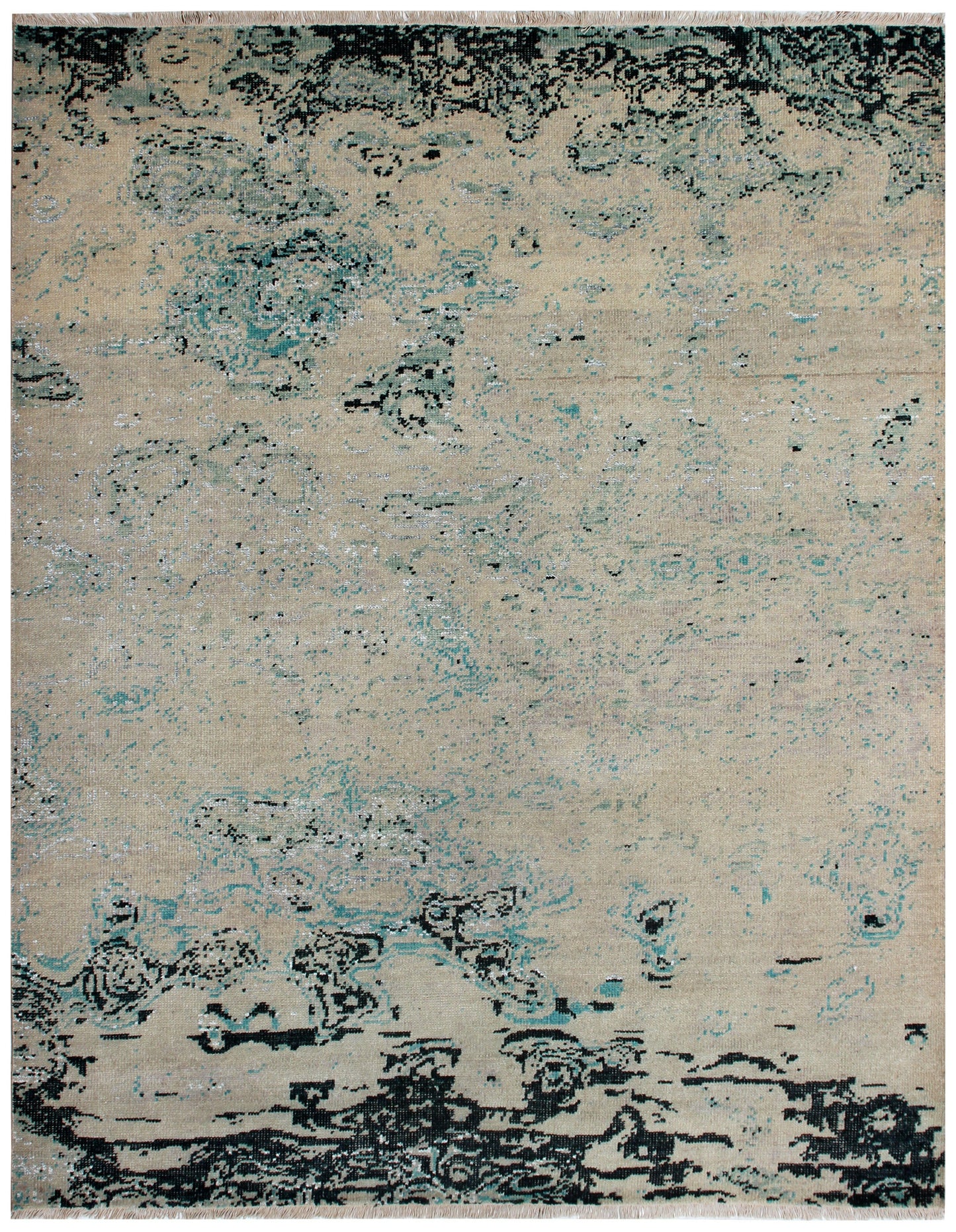 8x10 Modern Abstract Beige Teal Charcoal Hand Knotted Wool Rug.