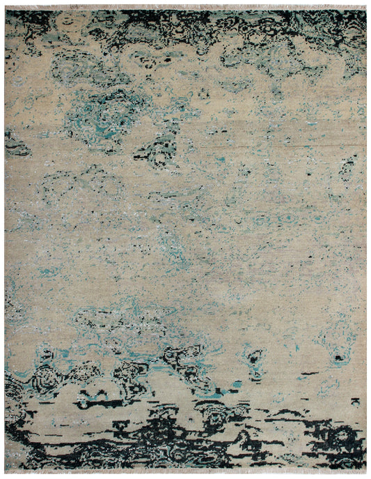 8x10 Modern Abstract Beige Teal Charcoal Hand Knotted Wool Rug.