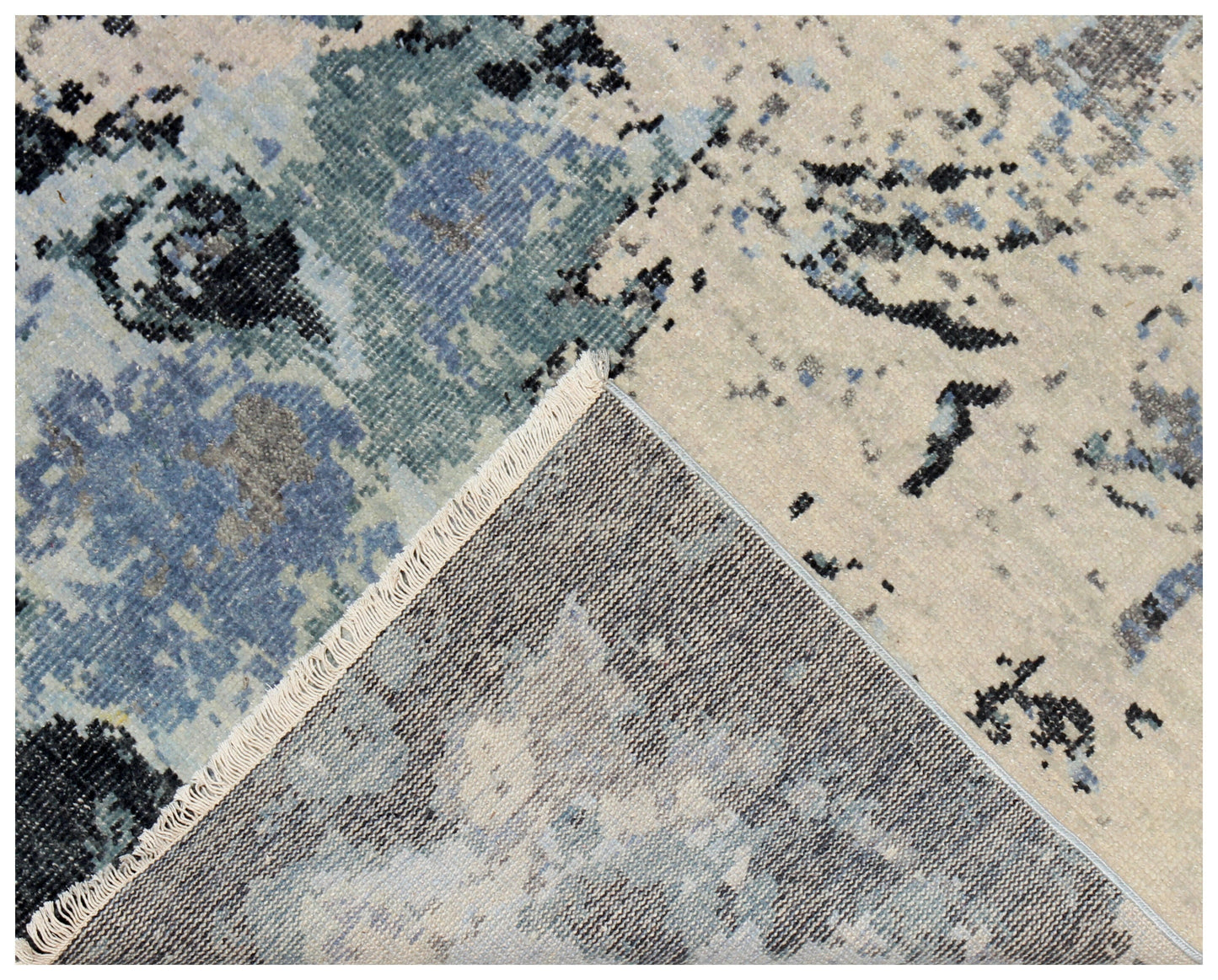 Modern Abstract 8x10 Blue Beige Charcoal Tiles Design Hand Knotted Rug.