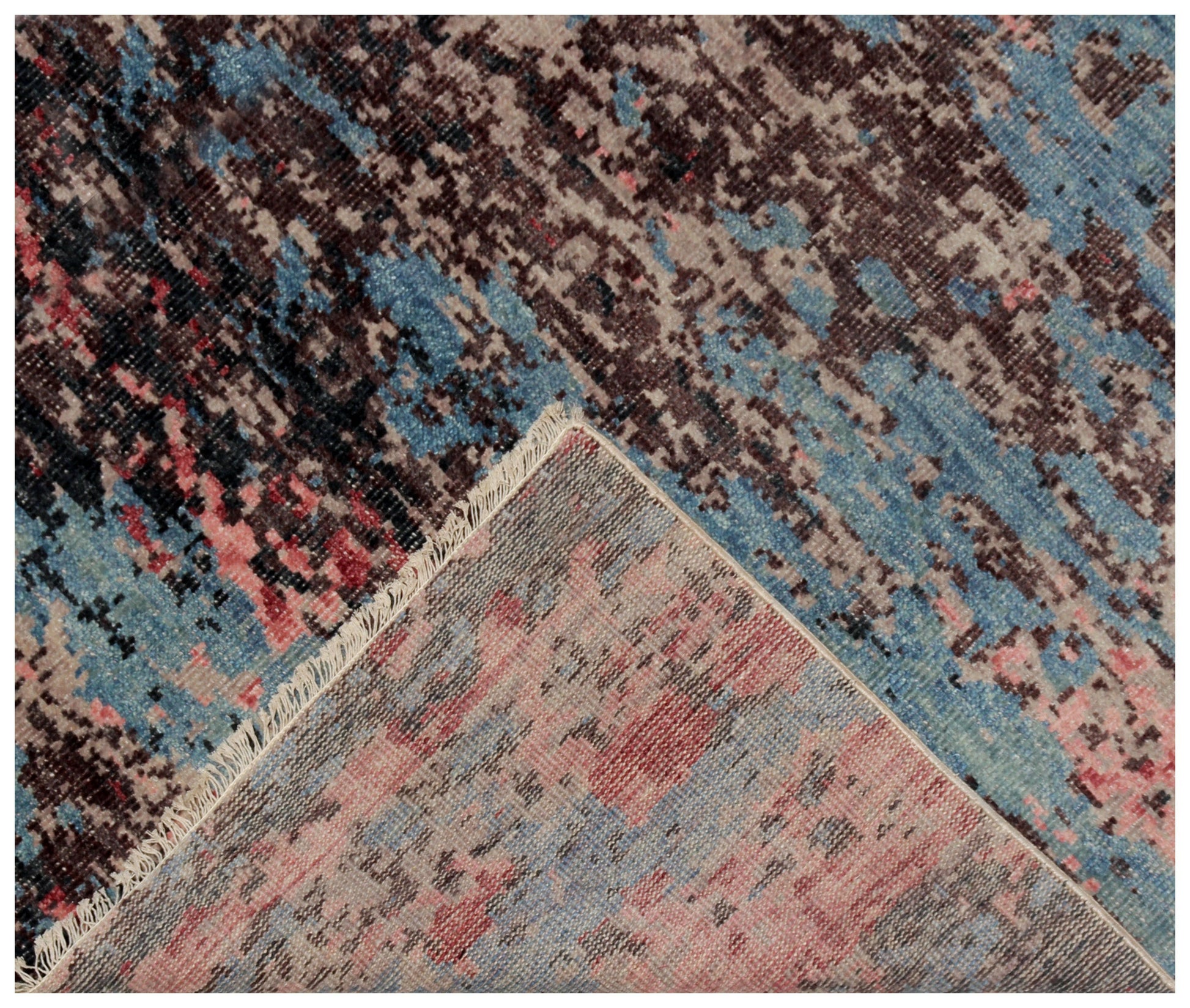 8x10 Modern Abstract Brown Blue Red Hand Knotted Wool Rug.
