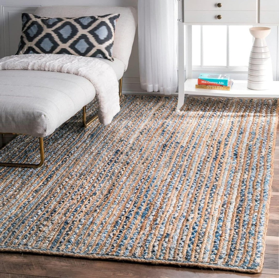 Handwoven Blue and Natural Jute Rug – Striped Braided Flatweave Design.