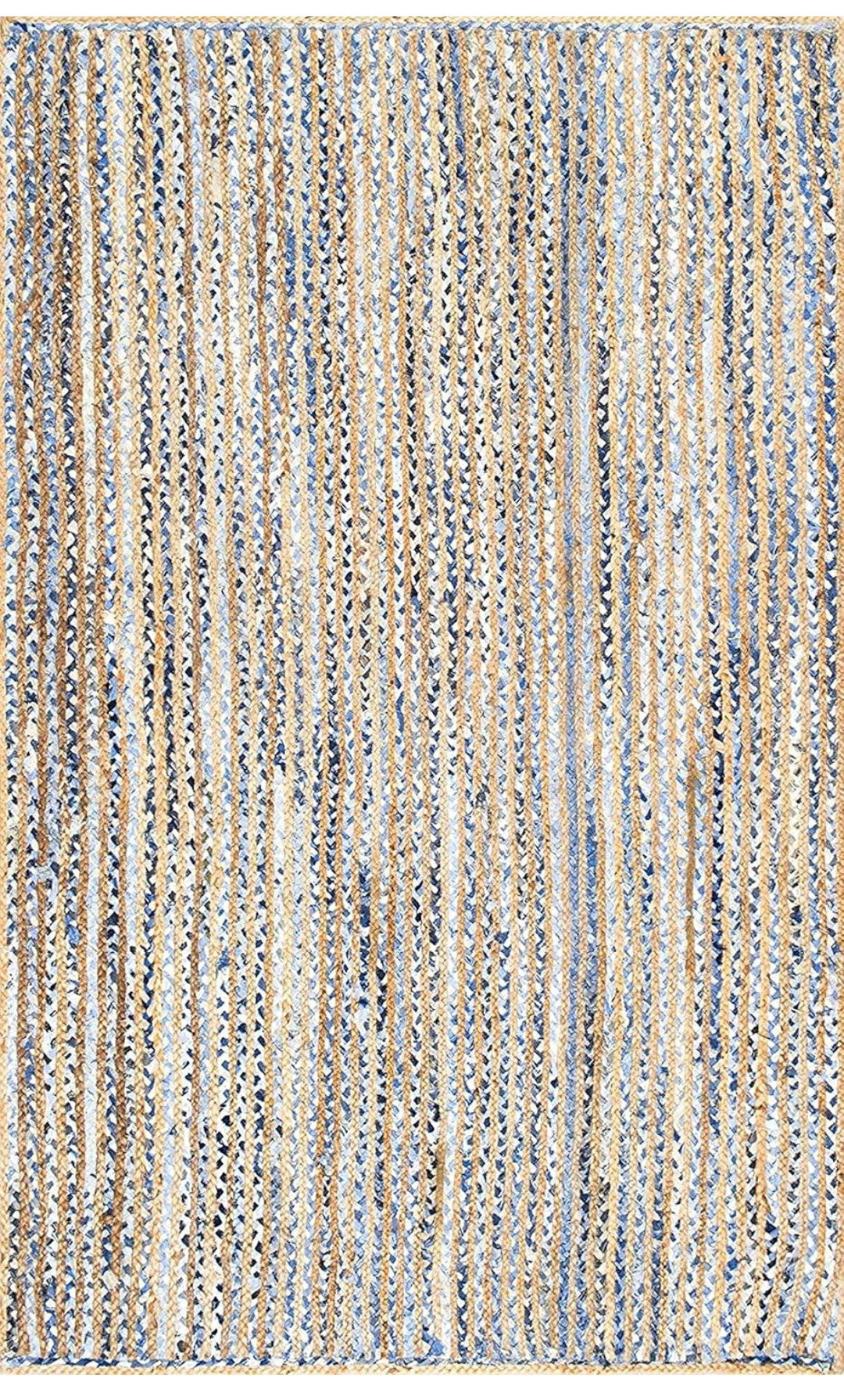 Handwoven Blue and Natural Jute Rug – Striped Braided Flatweave Design.