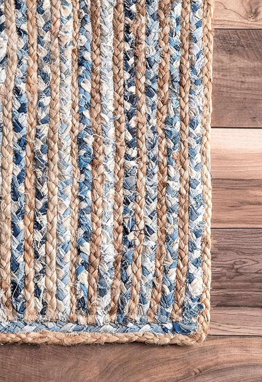 Handwoven Blue and Natural Jute Rug – Striped Braided Flatweave Design.