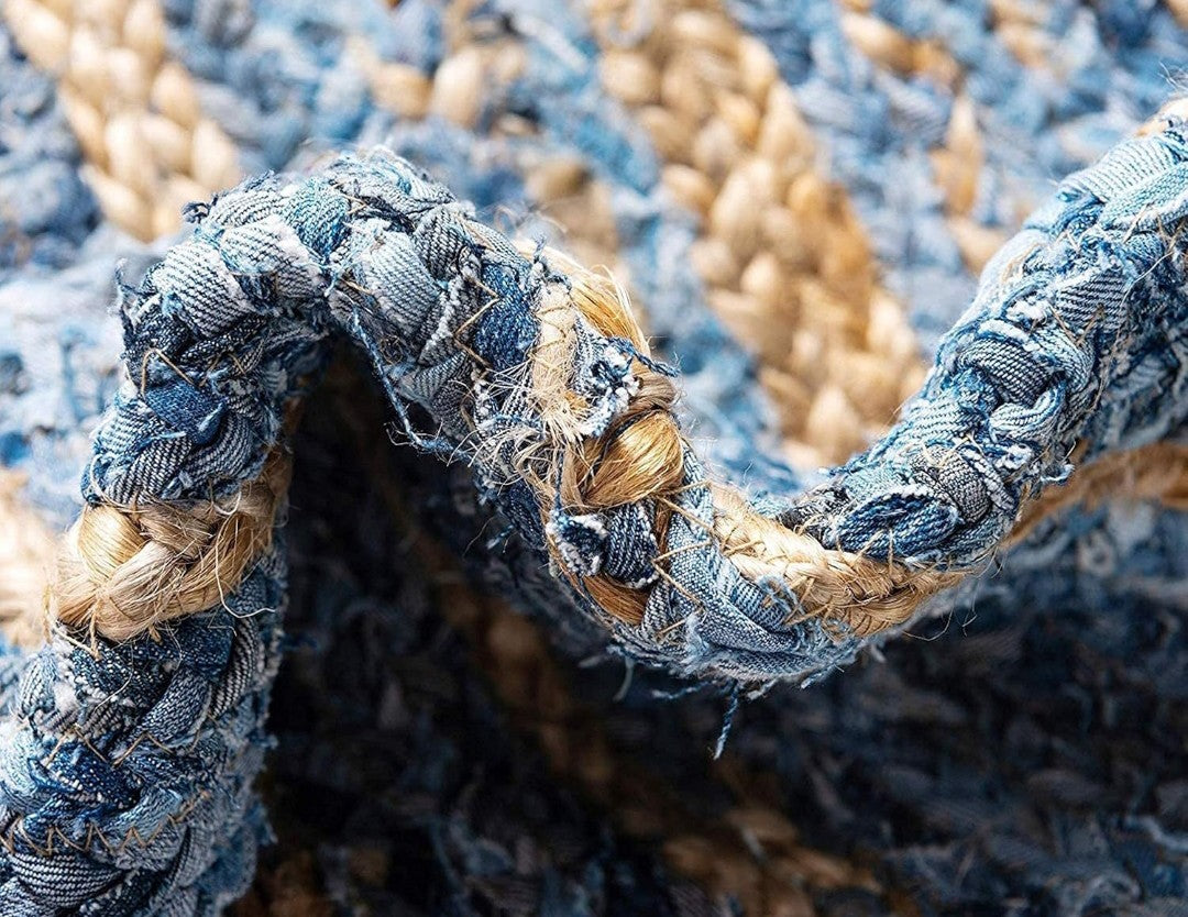 Handwoven Blue and Natural Jute Rug – Striped Braided Flatweave Design.