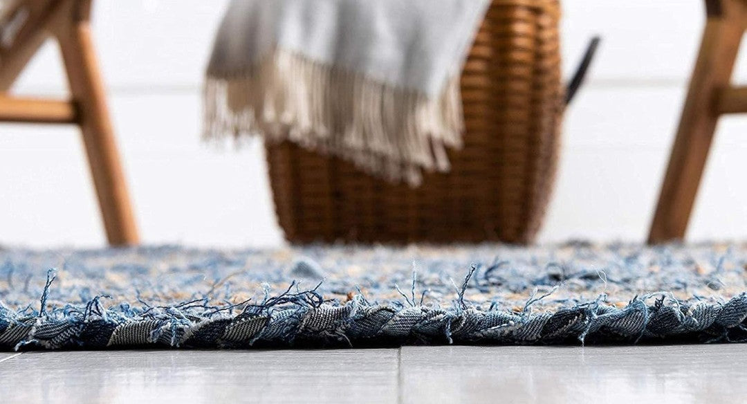 Handwoven Blue and Natural Jute Rug – Striped Braided Flatweave Design.