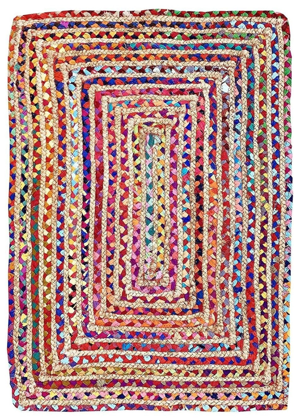 Multicolor Handwoven Jute Rug – Boho Braided Recycled Fabric Design.