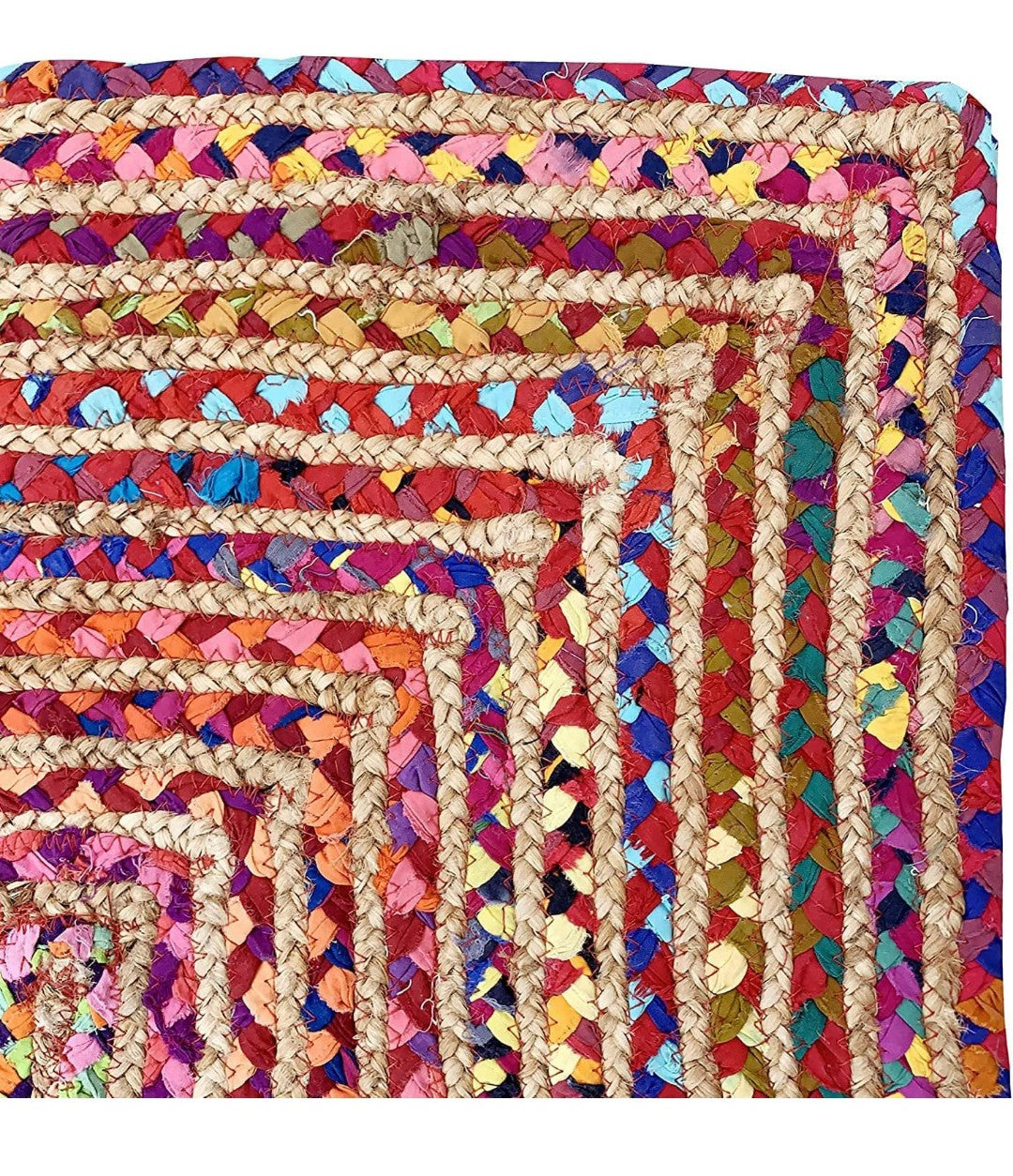 Multicolor Handwoven Jute Rug – Boho Braided Recycled Fabric Design.