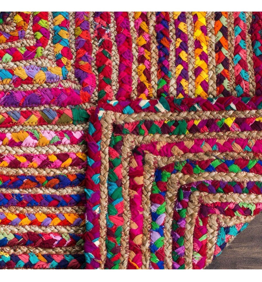 Multicolor Handwoven Jute Rug – Boho Braided Recycled Fabric Design.