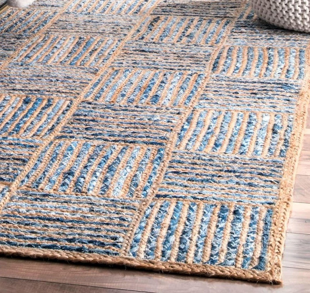 Handwoven Blue and Natural Jute Rug – Patchwork Striped Braided Design.