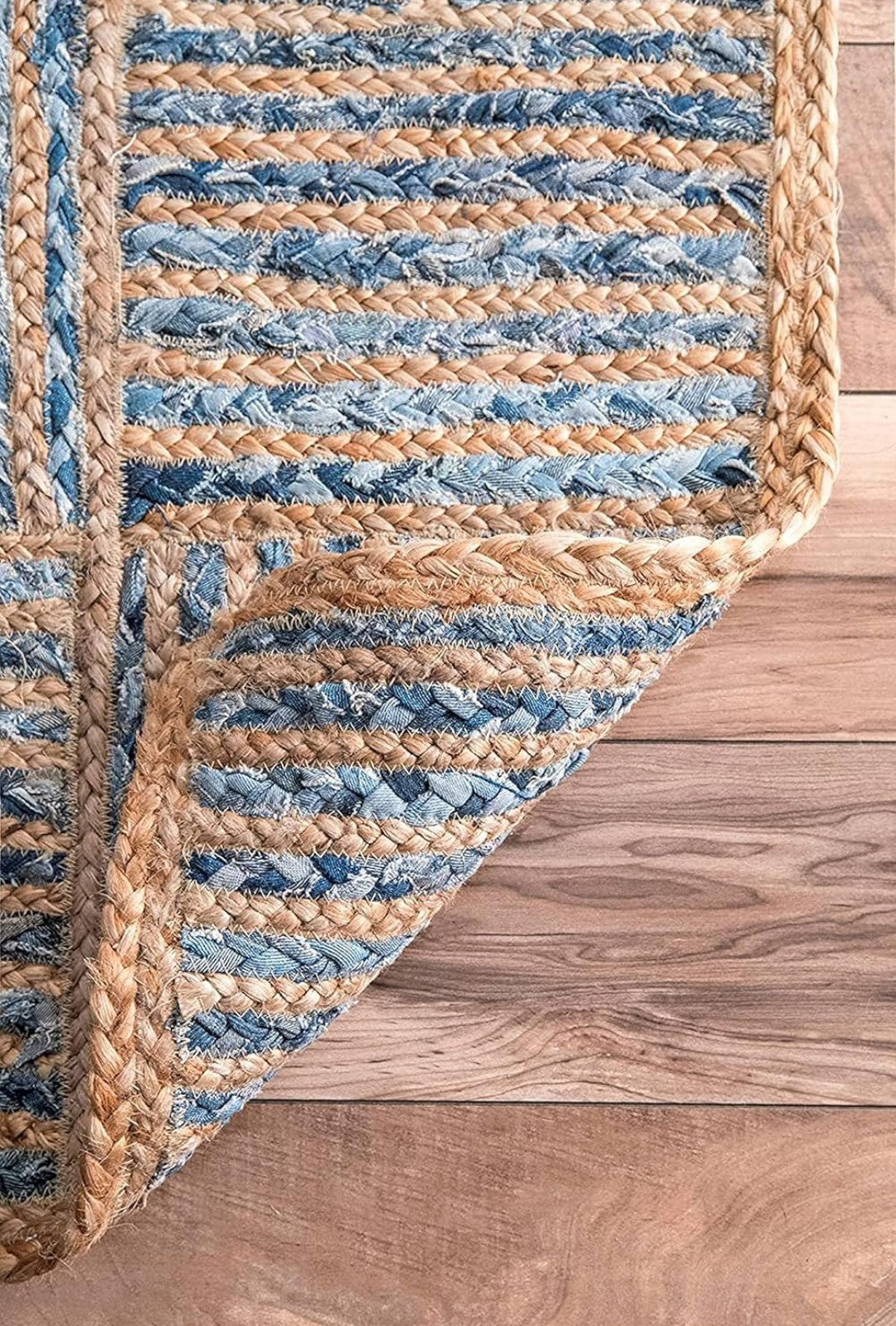 Handwoven Blue and Natural Jute Rug – Patchwork Striped Braided Design.