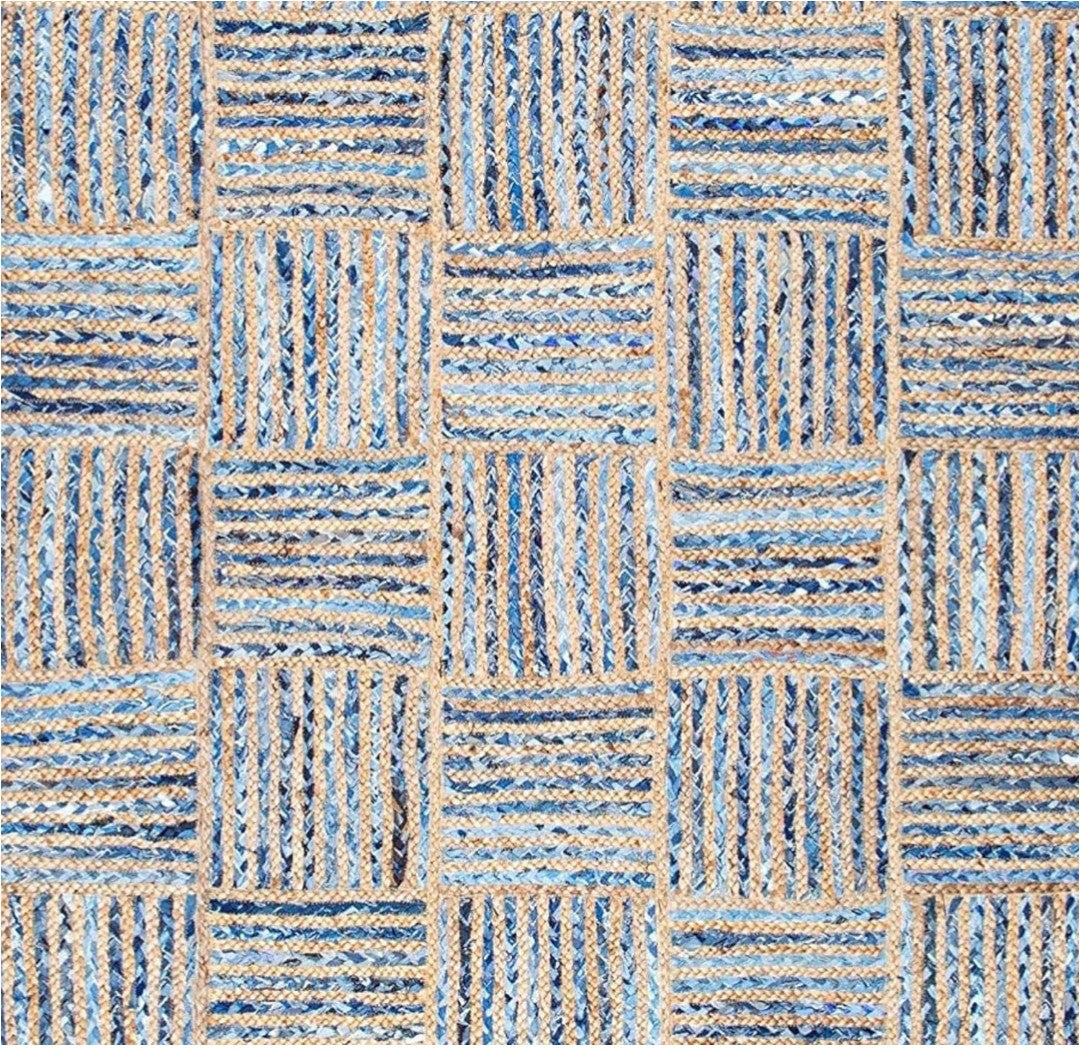 Handwoven Blue and Natural Jute Rug – Patchwork Striped Braided Design.