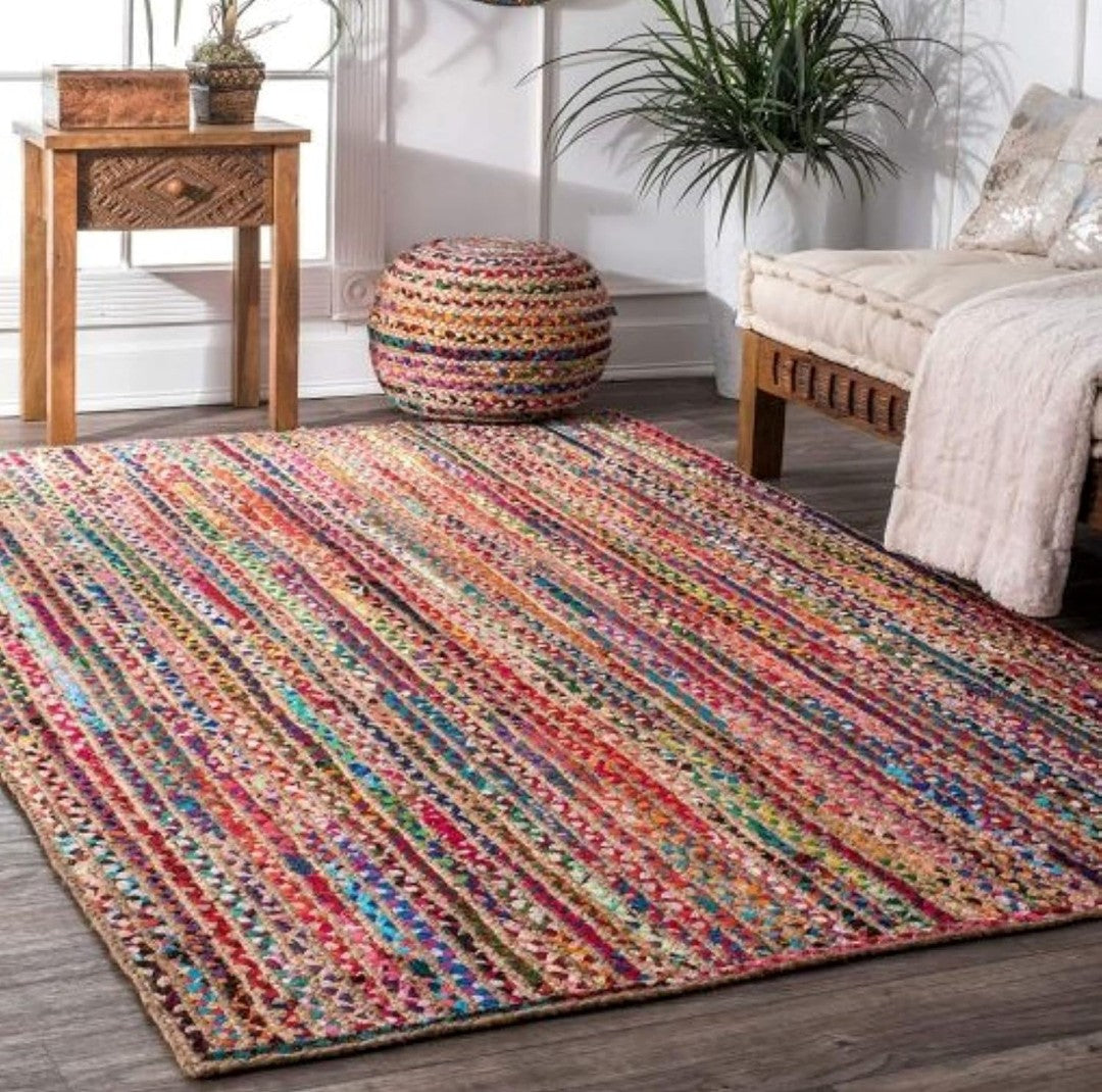 Handwoven Multicolor Jute & Fabric Rug – Striped Braided Boho Design.