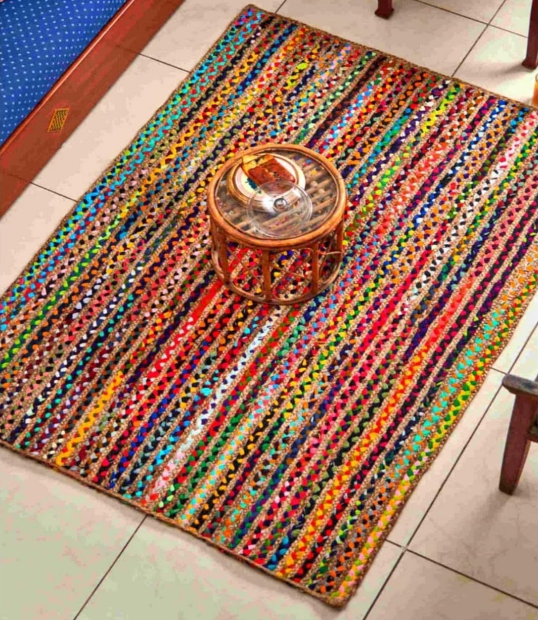 Handwoven Multicolor Jute & Fabric Rug – Striped Braided Boho Design.