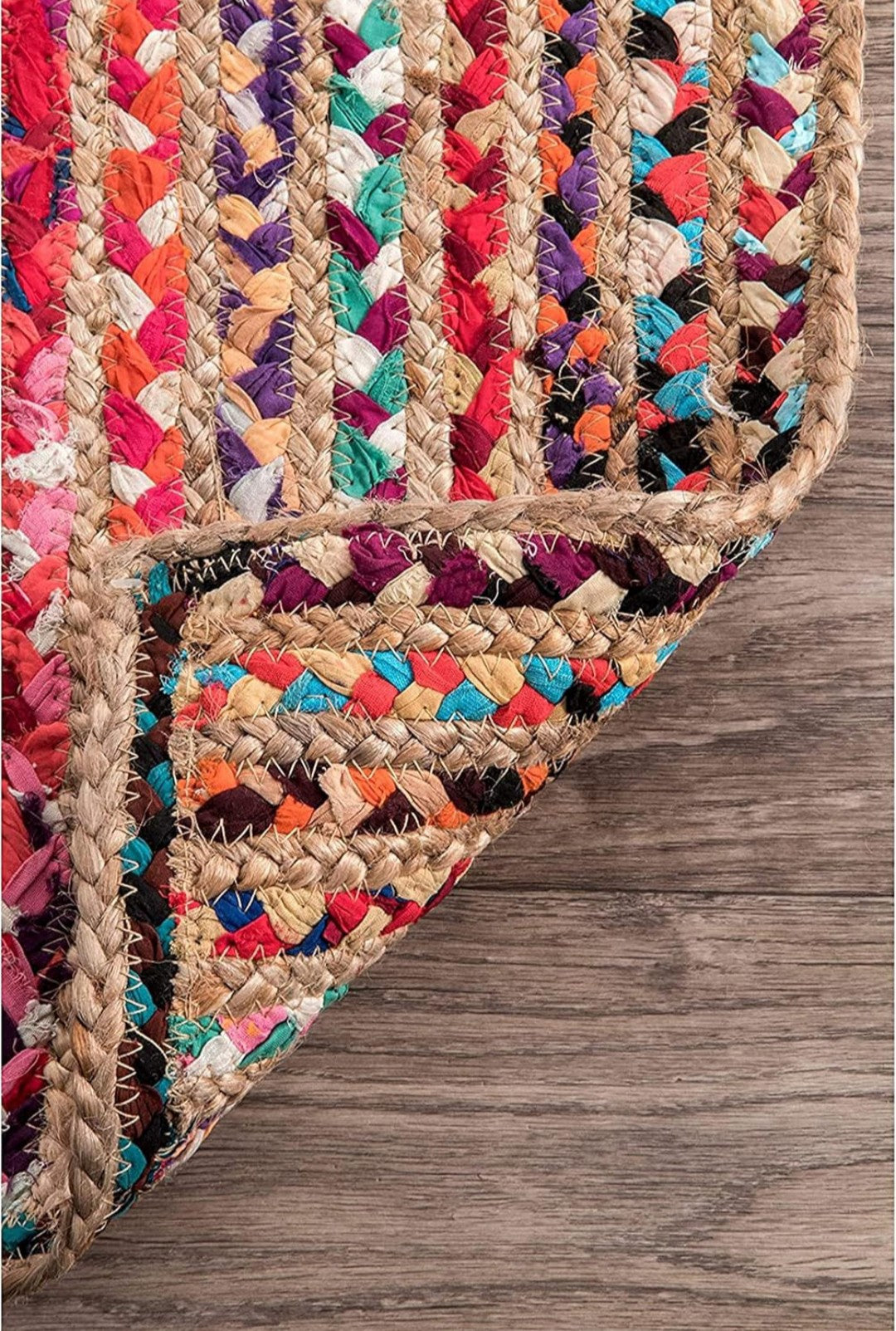 Handwoven Multicolor Jute & Fabric Rug – Striped Braided Boho Design.