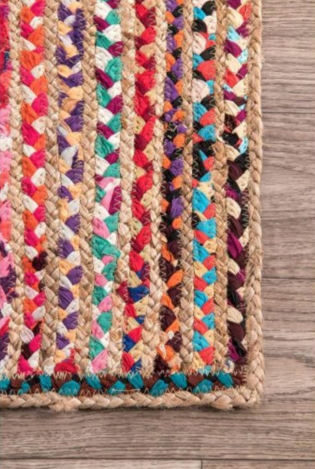 Handwoven Multicolor Jute & Fabric Rug – Striped Braided Boho Design.