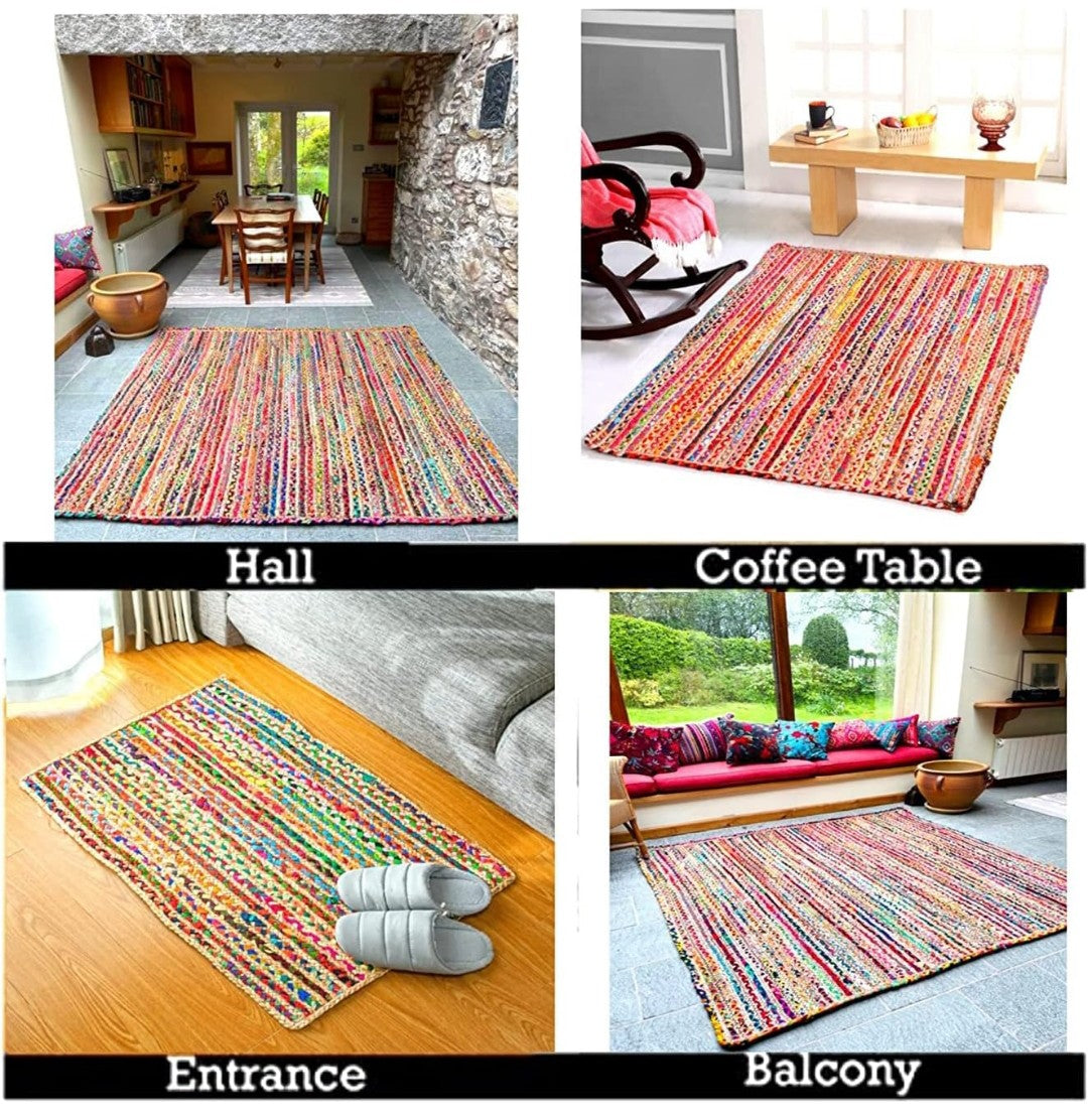 Handwoven Multicolor Jute & Fabric Rug – Striped Braided Boho Design.