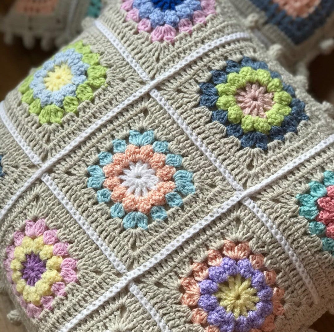 ALTAARA Crochet Cushion Cover - 16x16 inch (3pcs) Handmade Granny Square Boho Pillow Case with Pastel Floral Motifs