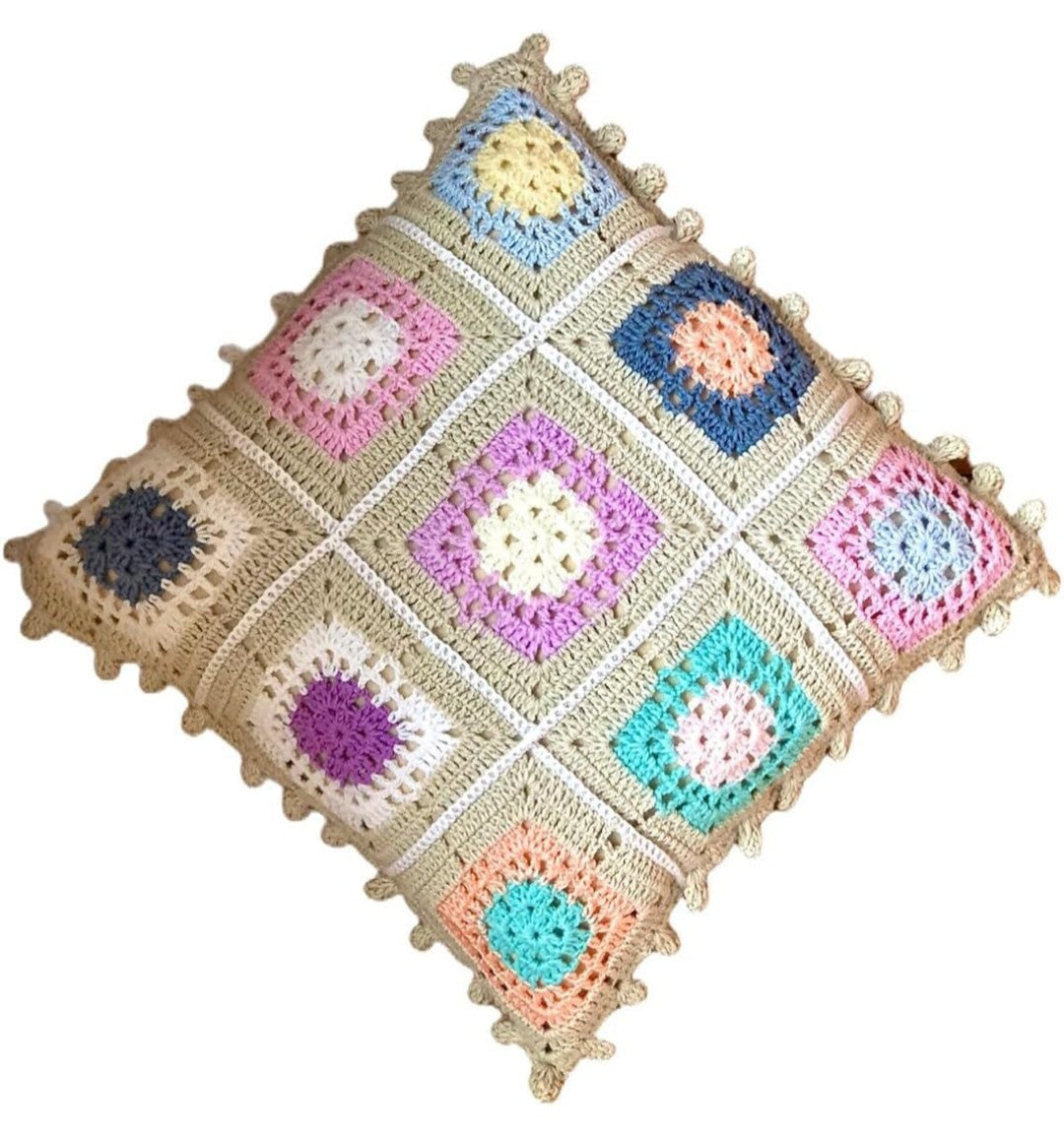 ALTAARA Crochet Cushion Cover - 16x16 inch (3pcs) Handmade Granny Square Boho Pillow Case with Pastel Floral Motifs