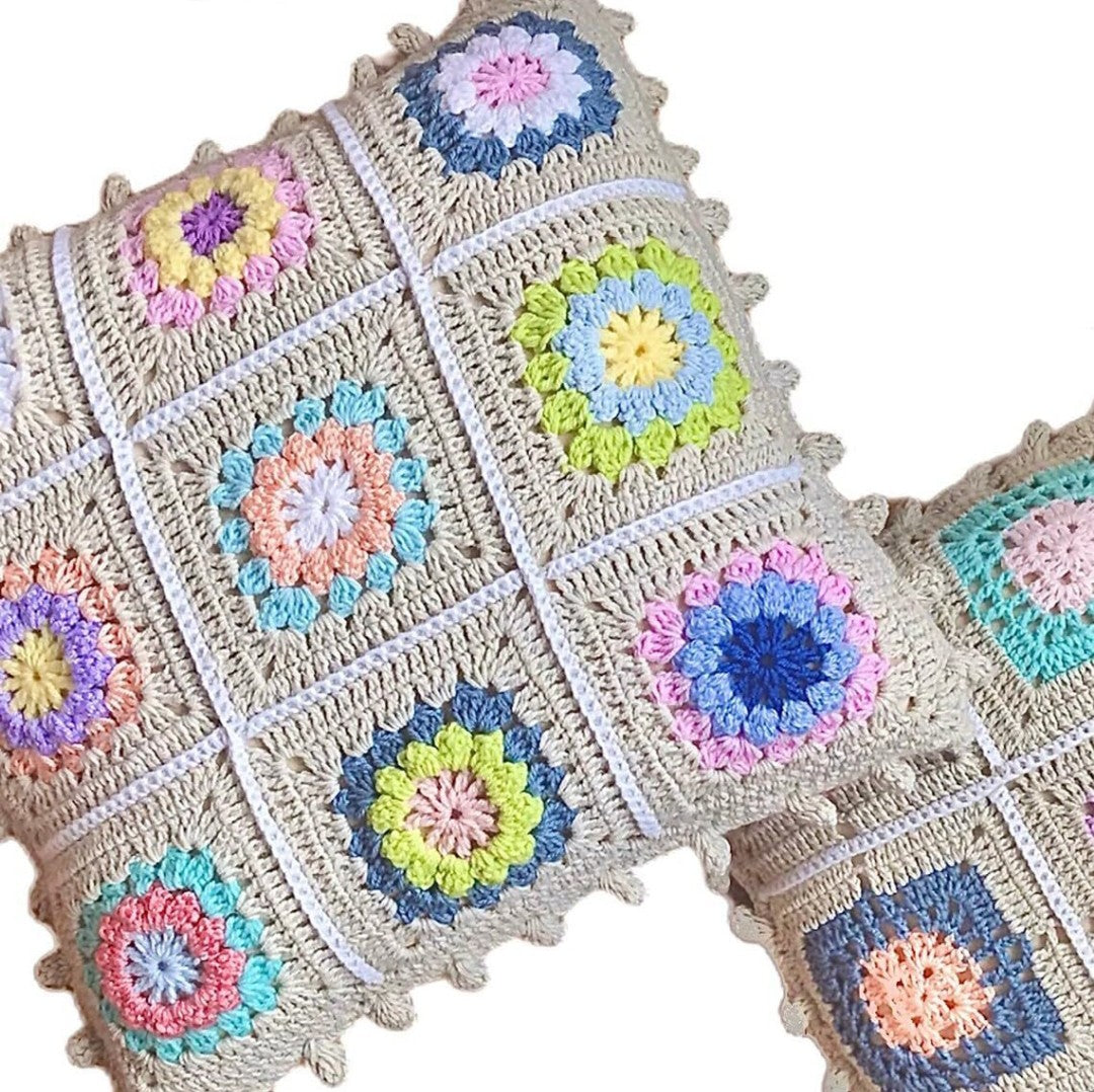 ALTAARA Crochet Cushion Cover - 16x16 inch (3pcs) Handmade Granny Square Boho Pillow Case with Pastel Floral Motifs
