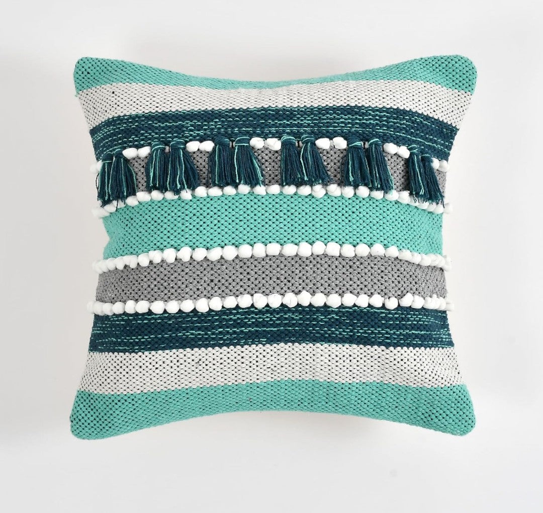 Hand Crafted Pit Loom Cushion Covers 16x16 - Pack of 3 Green Horizontal Striped Cotton with Tassels
