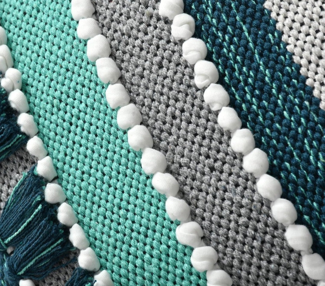 Hand Crafted Pit Loom Cushion Covers 16x16 - Pack of 3 Green Horizontal Striped Cotton with Tassels