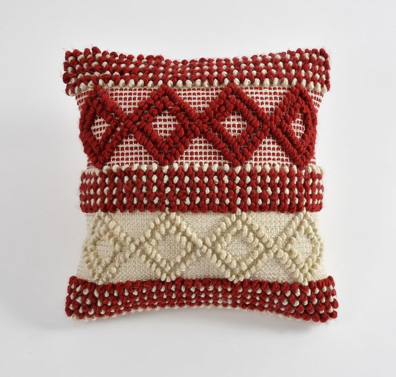 Hand Crafted Pit Loom Cushion Covers 16x16 - Pack of 3 Maroon Cotton Diamond Pattern with Tassels