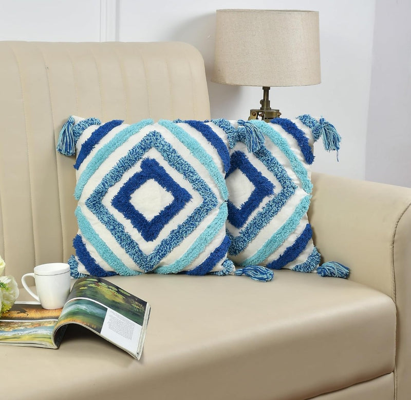 Tufted Cushion Covers 16x16 - Pack of 3 Blue Diamond Moroccan Geometric Cotton Cover