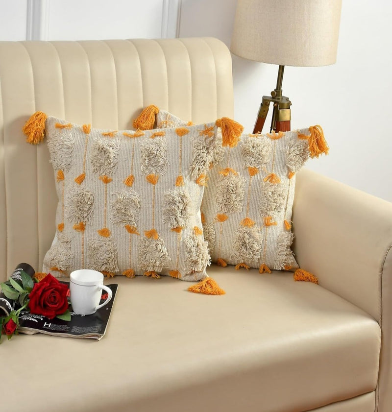 Boho Cushion Covers 16x16 Ivory Gold Moroccan Striped Cotton with Tassels - Pack of 3