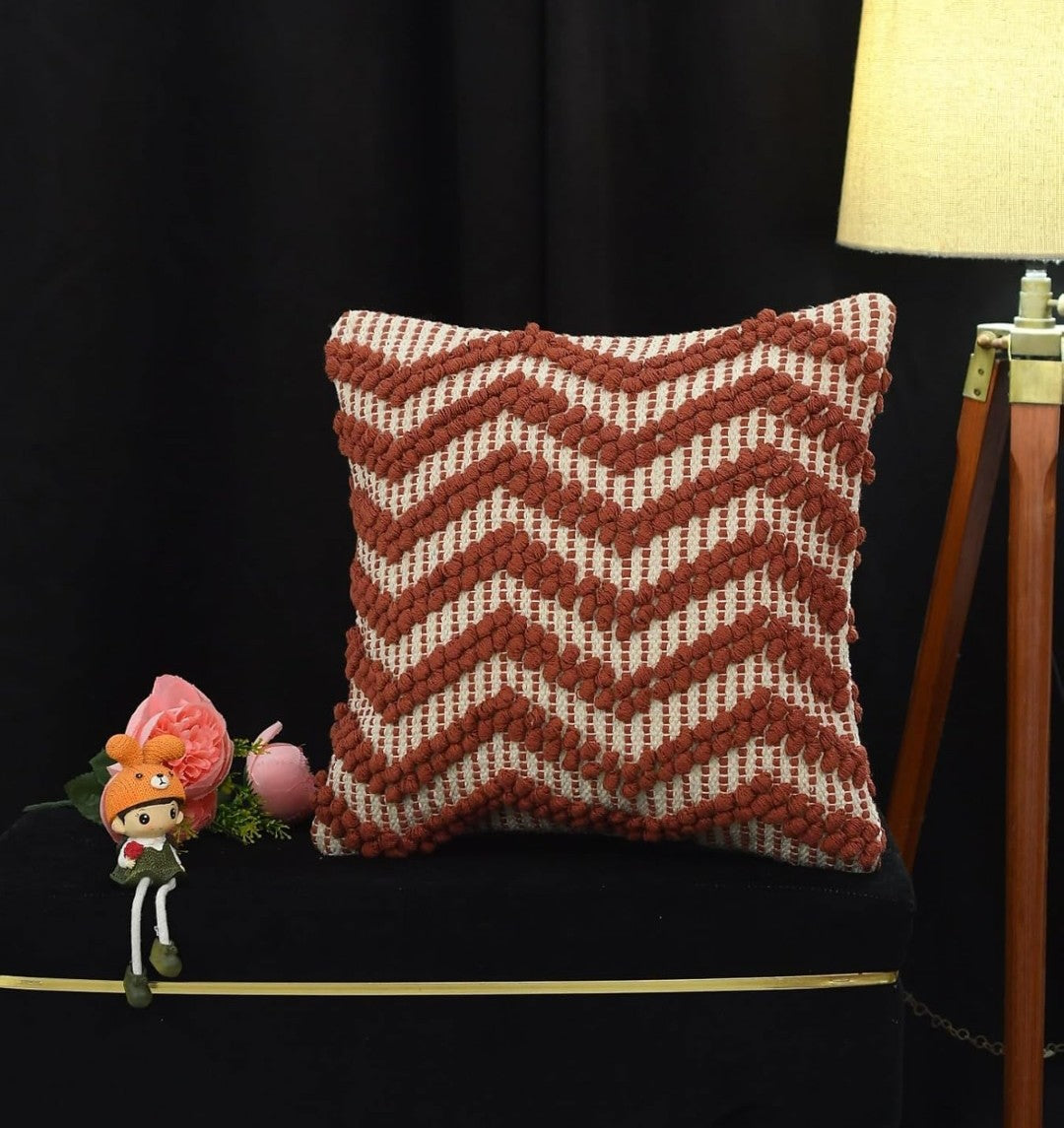 Hand Woven Cushion Covers 16x16 Ivory Maroon Chevron Tassel Cotton Pit Loom - Set of 3