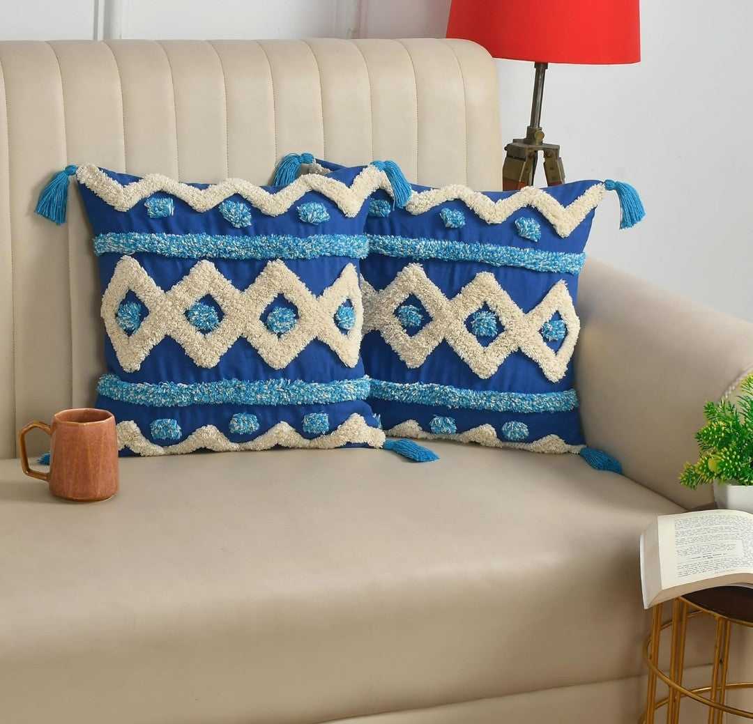 Hand Tufted Cushion Covers 16x16 Blue Ivory Moroccan Geometric Cotton with Corner Tassels - Set of 3