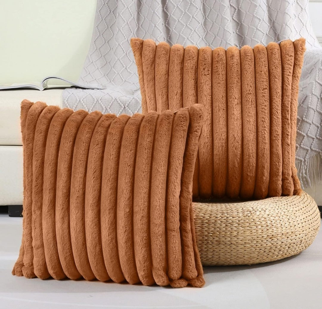AEROHAVEN Faux Rabbit Fur Striped Throw Pillow Covers Brown Velvet Cushion Covers 16x16 Inch (2pcs)