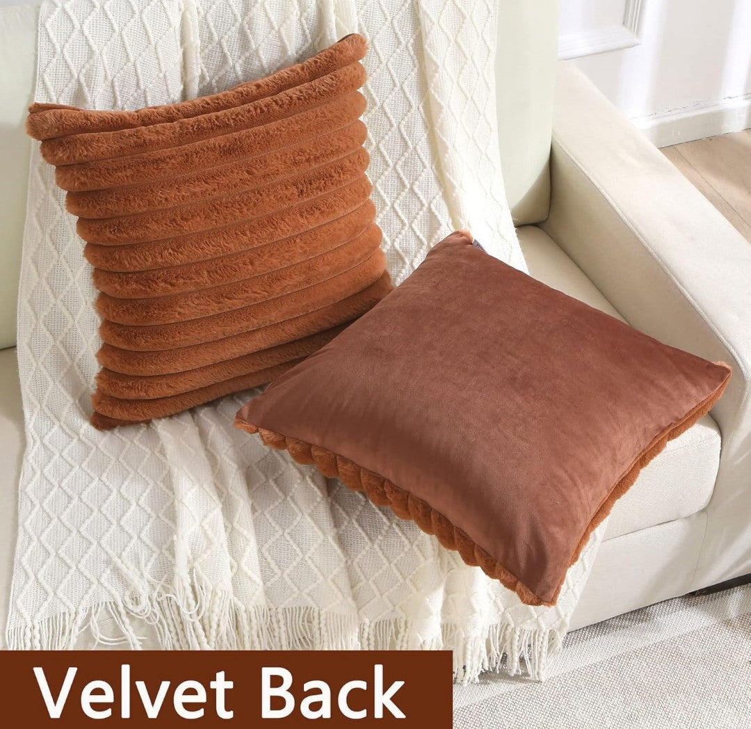 AEROHAVEN Faux Rabbit Fur Striped Throw Pillow Covers Brown Velvet Cushion Covers 16x16 Inch (2pcs)