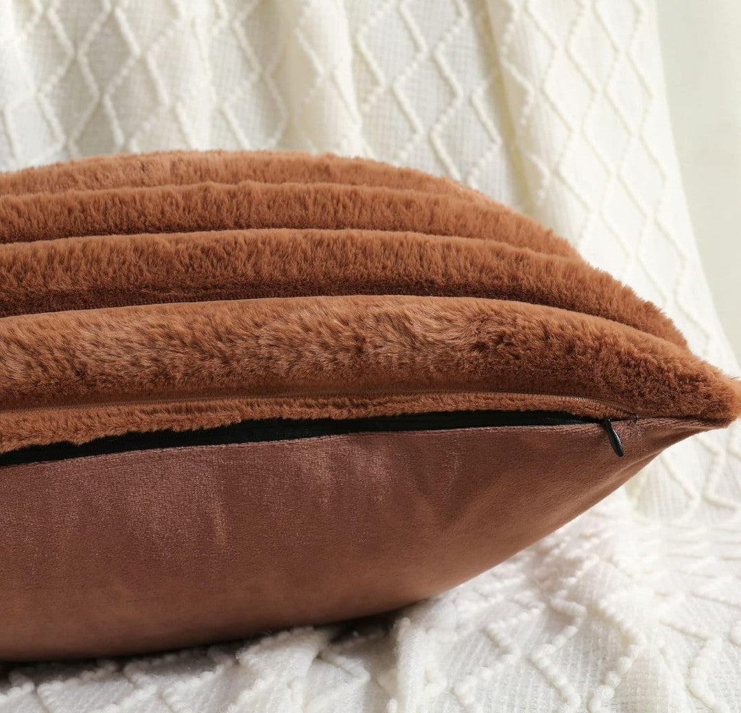 AEROHAVEN Faux Rabbit Fur Striped Throw Pillow Covers Brown Velvet Cushion Covers 16x16 Inch (2pcs)