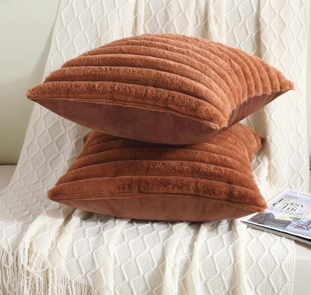 AEROHAVEN Faux Rabbit Fur Striped Throw Pillow Covers Brown Velvet Cushion Covers 16x16 Inch (2pcs)