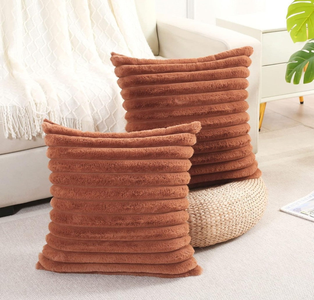 AEROHAVEN Faux Rabbit Fur Striped Throw Pillow Covers Brown Velvet Cushion Covers 16x16 Inch (2pcs)