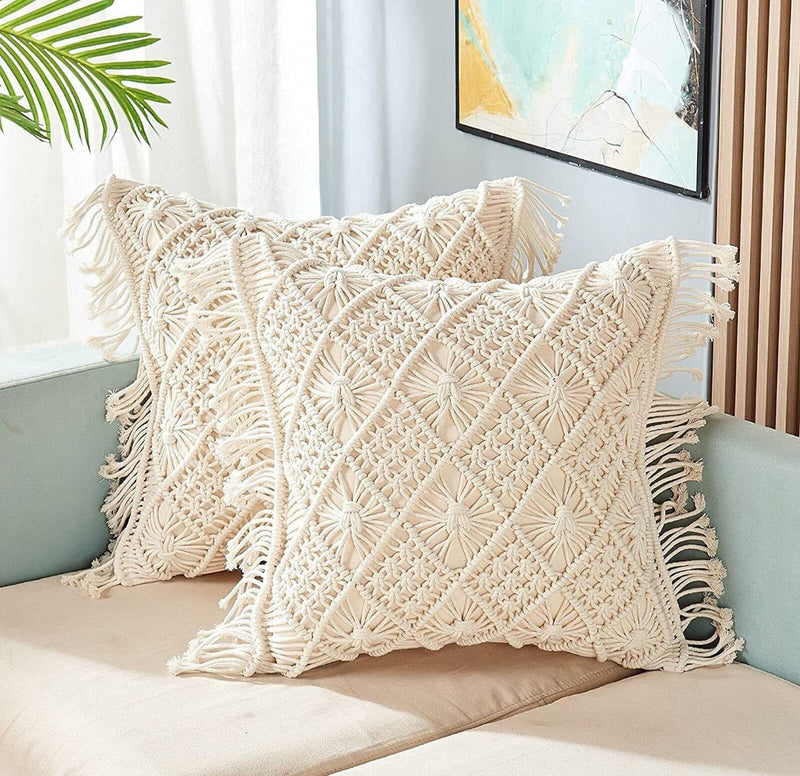 Macrame Cushion Cover 16x16 (2pcs) Handmade Boho Cotton Pillow Case with Fringe Detail Off-White