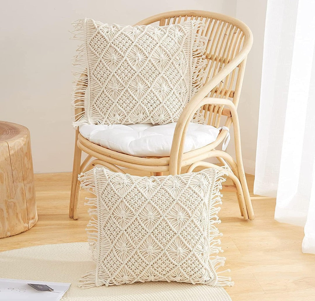 Macrame Cushion Cover 16x16 (2pcs) Handmade Boho Cotton Pillow Case with Fringe Detail Off-White