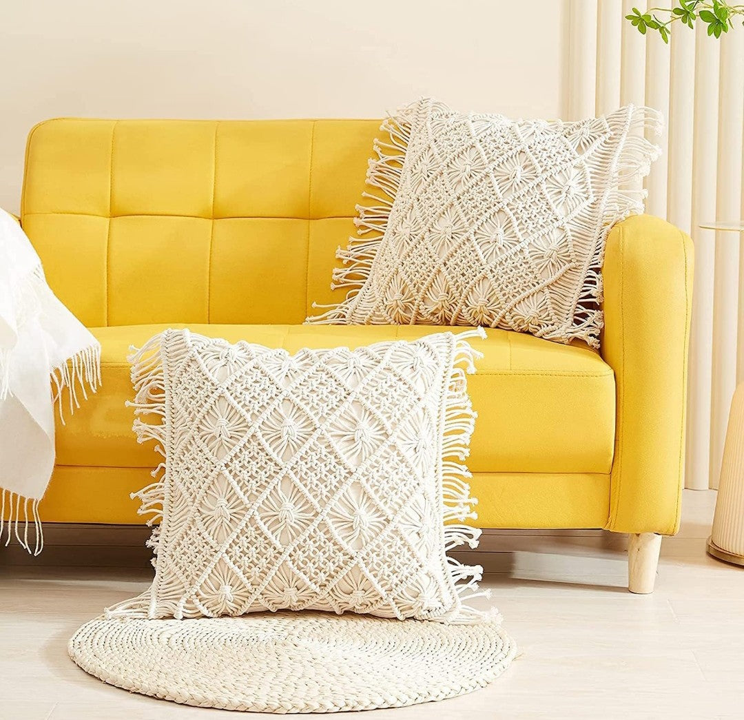 Macrame Cushion Cover 16x16 (2pcs) Handmade Boho Cotton Pillow Case with Fringe Detail Off-White