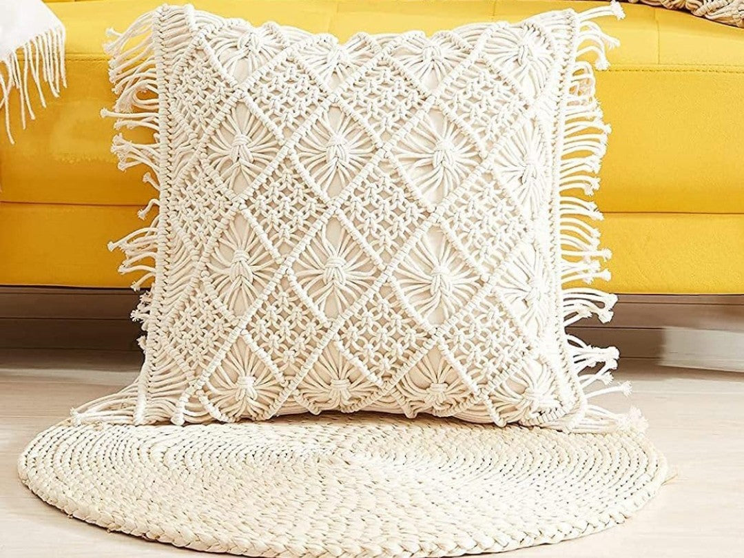Macrame Cushion Cover 16x16 (2pcs) Handmade Boho Cotton Pillow Case with Fringe Detail Off-White