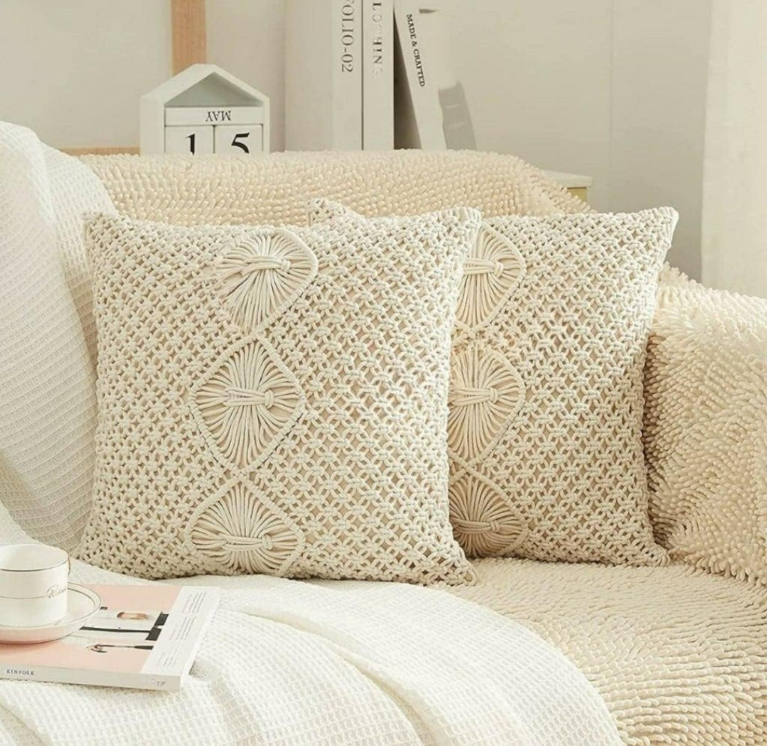 Handwoven Macrame Cushion Covers 16x16 Natural White Geometric Floral Medallion Boho Cotton - Pack of 2